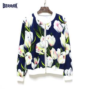 Women Basic Coats Flower Print Long Sleeve Zipper Bomber Warm Jacket Casual Coat - Product Image 1