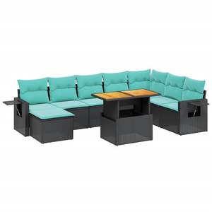 Juego de sofás de patio de ratán sintético negro de 9 piezas con cojines, conjuntos de jardín - Product Image 2