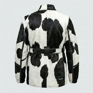 DARKRY ENTERPRISES Men's Faux Fur Cow Print <b>Jacket</b> <b>Mandarin</b> <b>Collar</b> Belted Streetwear Winter Coat - Product Image 2