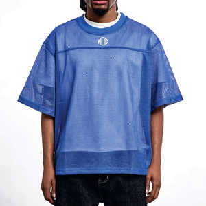 เสื้อฟุตบอลอเมริกันตาข่ายสีน้ำเงินขนาดใหญ่พิเศษ ขายส่ง เสื้อผ้ากีฬาแบบระบายอากาศ สตรีทแวร์ รับผลิตตามสั่ง แบรนด์ส่วนตัว OEM รับคำสั่งซื้อจำนวนมาก - Product Image 1