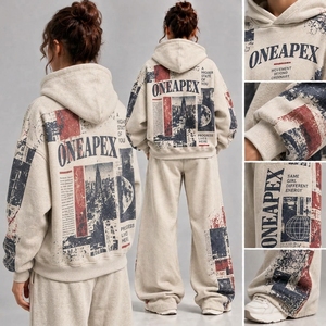 Conjunto de Sudadera con Capucha y Pantalones Anchos con Estampado Gráfico, Lavado Ácido, Color Personalizado, para Mujer, Ropa Deportiva Informal de Invierno - Product Image 2