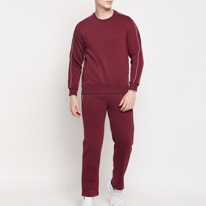 Ensemble de survêtement pour homme, couleur bordeaux, manches longues, col rond, couleur unie, décontracté, pantalon de jogging, respirant, 100% coton, coupe classique, automne - Product Image 1