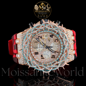Reloj de Lujo para Hombre, Diseño Antiguo con Corona de Espinas, Cuarzo, Moissanita, Bisel de Diamantes en Oro Rosa, Correa de Goma Roja, 46mm, Estilo Hip Hop - Product Image 2
