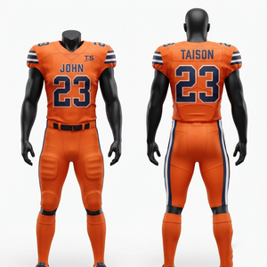 Uniforme de football américain en polyester premium de 220 grammes, orange, pour hommes, manches courtes, logo imprimé sur le devant, personnalisable, en twill. - Product Image 1