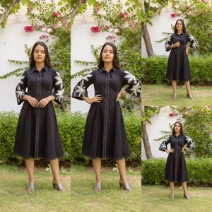 Women Black Embroidered Shirt Dress Collared Three Quarter Flare Sleeve Button Front A Line Midi Dress Floral Leaf Design Casual - Product Image 2