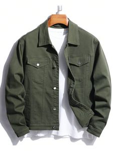 Men's Olive Green Denim Jacket Regular Fit Button Closure Casual Style - Product Image 1
