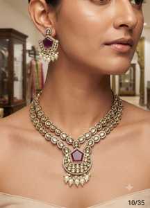 Conjunto de collar de perlas Kundan chapado en oro antiguo tradicional con aretes de piedra rubí, conjunto de joyería para novias, bodas y fiestas para mujer. - Product Image 1