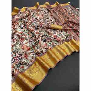 CRÉATEUR DOLA SOIE JACQUARD TISSU IMPRIMÉ SAREE AVEC BLOUSE NON COUCHÉE MARRON - Product Image 1