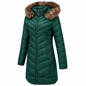 Veste matelassée longue pour femme de qualité supérieure, verte, avec capuche en fourrure, fermeture éclair, manteau d'hiver chaud, design de logo personnalisé - Product Image 1