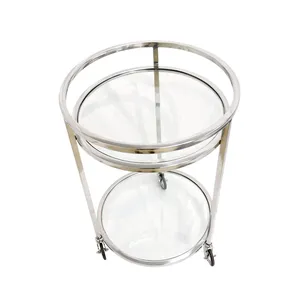 Chariot de service à boissons en métal fait main de qualité export avec cadre doré élégant, étagères de rangement en verre et roulettes - Product Image 4