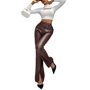 Pantalones de cuero genuino para mujer, de cintura media, transpirables, elásticos, con control de abdomen, sexys, con botones, gruesos y de color liso. - Product Image 2