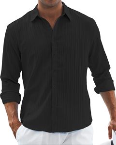 Chemise décontractée d'été rayée en lin/coton noir respirante pour homme, col rabattu, boutonnée, manches longues, tissée, service personnalisé - Product Image 1