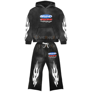 Premium Cotton ACID Wash Flared Tracksuit Sun Fade Silk Screen Printing Custom Logo Baggy Pant Sweat suit Two-piece Oversized - Product Image 1