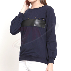 Sudadera de punto informal para mujer, azul marino, con cuello redondo, manga larga, panel de cuero negro y remaches dorados, para otoño - Product Image 5