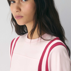 Camiseta de Algodón Personalizada para Mujer, Corte Holgado, Cuello Redondo, Manga 3/4, Estilo Urbano con Rayas, Hombros Caídos, para Uso Diario - Product Image 2