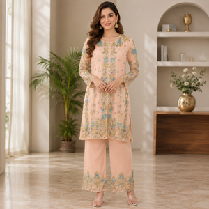 Peach Floral Embroidered Pakistani Salwar Suit for Women Premium Festive Kurta Set with Straight Pants Wedding Party Wear Ethnic - Product Image 2