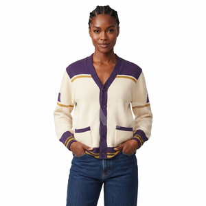 HMR Cardigan en tricot pour femmes, col en V, manches longues, style preppy, couleur contrastée, uni, en acrylique - Product Image 1