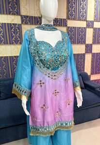 Conjunto de Kurti Sharara en azul agua y rosa de diseñador con dupatta |   Traje Étnico de Fiesta con Bordado Intenso - Product Image 5