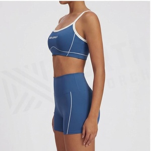 North Approach 2 Piece Yoga Set Blue Solid Spaghetti Strap Crop Top High Waist Shorts Breathable Seamless Sportswear - Product Image 3
