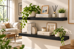 Ensemble de 2 étagères murales flottantes noires avec supports en fer cachés, étagère de rangement en bois moderne détachable - Product Image 4