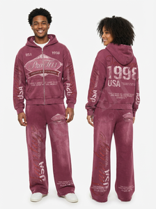 Conjunto de Sudadera con Capucha y Pantalones Deportivos Casuales con Cierre, Estilo Vintage, Lavado, Cómodo y Elegante, de Algodón y Poliéster - Product Image 3