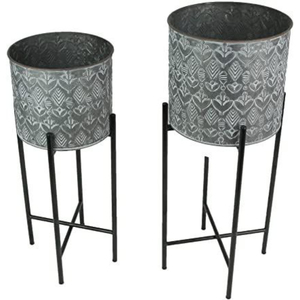 Trending Set of 2 Embossed Metal Planters with Black Iron Stands Modern Farmhouse Galvanized Flower <b>Pots</b> for Indoor Living Room - Product Image 1