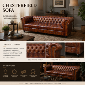 Sofá Chesterfield Convertible de 3 Plazas de Alta Calidad, Muebles para el Hogar de Cuero Genuino, Asientos de Lujo con Botones Profundos - Product Image 2