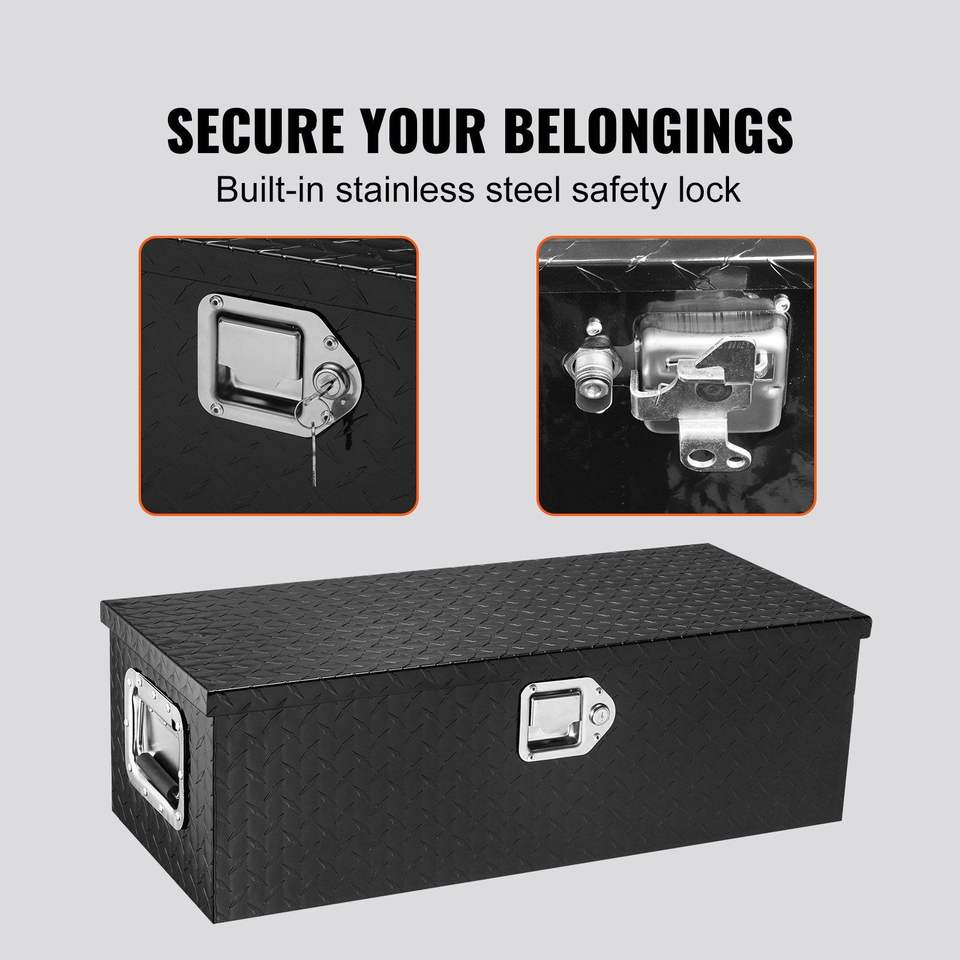 Heavy Duty Aluminum 30"x13"x9.6" Black Truck Bed Tool Box Chest Diamond Plate Side Handle Lock Keys Storage Organizer for Pickup