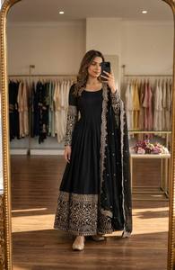 Women Traditional Black Silk Salwar Kameez With Embroidered Dupatta Floor-Length Loose Fit <b>Wedding</b> Wear India Pakistan Style - Product Image 2