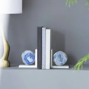 Luxury Natural Blue Agate Marble Bookends Gold Edged Crystal Stone Geode <b>Book</b> Ends Holder for Home Office <b>Study</b> Decor - Product Image 3
