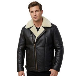 Veste en cuir noire pour homme, style moto, avec doublure zippée, coupe-vent, pour l'hiver - Product Image 4