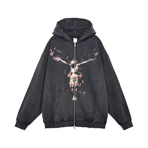 Sudadera con capucha y cremallera para hombre, oversize, de algodón polar, con diseño de crucifijo estampado, estilo urbano, impermeable, ecológica, resistente a ácidos, para invierno - Product Image 5