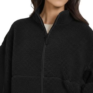 Ladies Black Custom Logo Zip Up <b>Drop</b> Shoulder Sherpa Jackets Outdoor <b>Stand</b> Collar Loose Fit Plain Fleece Sweatshirts - Product Image 6