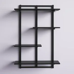 Étagère murale flottante géométrique moderne en métal noir et bois pour salon, chambre et bureau (vente en gros) - Product Image 4
