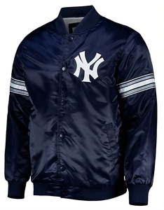 Chaqueta Universitaria Azul Marino Personalizada de Satén para Hombre, Chaqueta Bomber con Logotipo en Blanco, Uniforme de Béisbol Letterman, Ropa Deportiva al por Mayor - Product Image 2