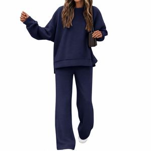 Ensemble 2 pièces en tricot bleu marine pour femme, sweat-shirt à col rond et pantalon large, coupe décontractée, pour toutes les saisons, à porter au quotidien - Product Image 1