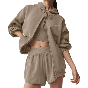 Conjunto de Sudadera con Capucha y Pantalones Cortos de Tenis de Felpa Francesa para Mujer, 2 Piezas, Mezcla de Algodón, Ropa Deportiva Ligera, Proveedor OEM Personalizado - Product Image 4