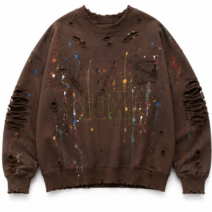 Sweat-shirt pour homme en coton mélangé, style streetwear surdimensionné, col rond, effet usé, avec strass - Product Image 1
