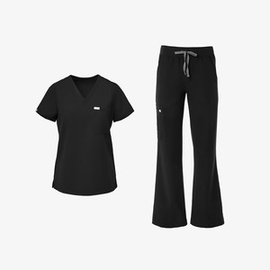 Ensemble de blouses médicales noires pour femmes, haut à col en V avec poche et pantalon à cordon de serrage, uniformes d'hôpital, coton et élasthanne tricotés - Product Image 1