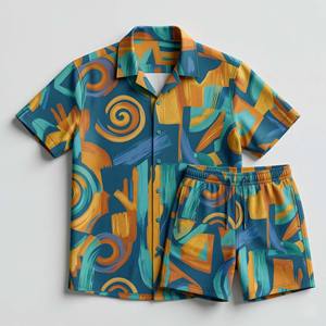 Conjunto de 2 Piezas de Verano para Hombre, Camisa de Manga Corta con Botones y Pantalones Cortos de Playa con Cordón, Ropa Urbana Transpirable Personalizada - Product Image 1