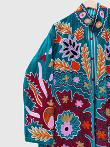 Chaqueta Larga de Terciopelo Bordada a Mano para Mujer, Talla Grande, Cuello Mandarín, Manga Larga, Estampado Floral, Ropa de Otoño - Product Image 5