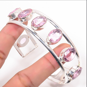 Handmade pink Opal Gemstone <b>Cuff</b> <b>Bracelet</b> <b>Silver</b> Plated Stainless Steel Vintage Elegant Natural Stone Unisex Stylish Fashion - Product Image 2