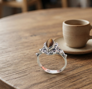 Natural Brown <b>Tiger</b> <b>Eye</b> Marquise Gemstone <b>Ring</b> 925 Silver Vintage Boho Filigree Statement Rose Gold Yellow Gold Handmade Plated - Product Image 5