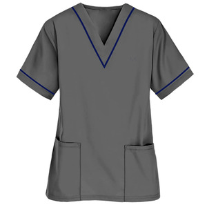Haut de blouse médicale gris à manches courtes et col en V pour femme, avec poches et passepoil marine, uniforme d'infirmière d'hôpital - Product Image 1