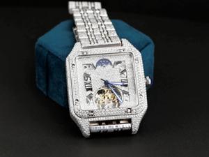 Reloj de Pulsera Cuadrado de Moissanita para Hombre, Fase Lunar, Números Romanos, Acero Inoxidable, Lujo - Product Image 4