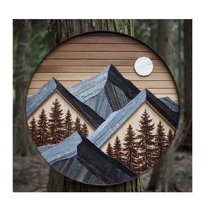 Décoration Murale Artisanale Ronde en Bois 3D Montagne, Panneau Décoratif Rustique en Bois Paysage Forestier pour Maison, Hôtel, Salon - Product Image 1