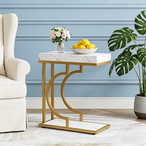 MODERN GOLD METAL WITH <b>MARBLE</b> <b>TOP</b> <b>SIDE</b> <b>TABLE</b> GOLD ACCENT PEDESTAL <b>TABLE</b> FOR LIVING ROOM &HOME DECOR - Product Image 2
