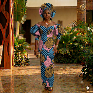 Robe longue en tissu wax africain marron et noir avec manches bouffantes et ensemble de foulard Gele assorti - Product Image 2
