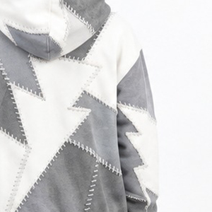 Sudadera con Capucha Extra Grande Unisex, Diseño de Parches Geométricos, Blanca y Gris, Ropa Casual de Otoño - Product Image 3
