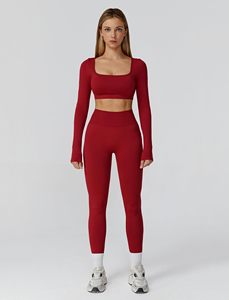 Conjunto de Yoga sin Costuras de 2 Piezas, Top Corto de Cintura Alta y Leggings Largos, Color Sólido, Cuello Cuadrado, Espalda Cruzada, Ropa Deportiva para Mujer - Product Image 5